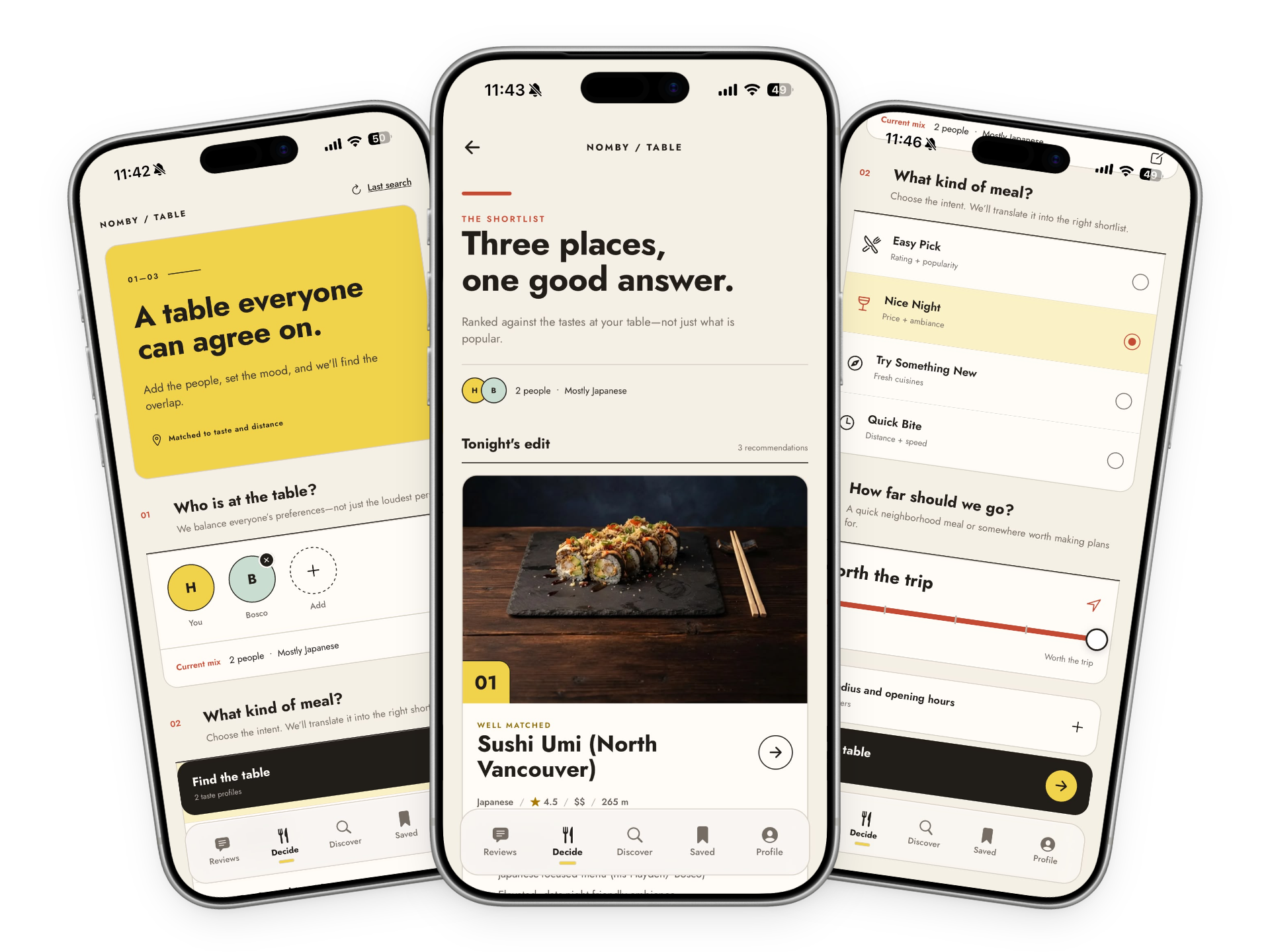 Nomby group dining decision app mockup